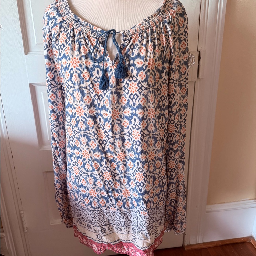 Beach lunch lounge boho Tassel Peasant Top in Blue and Coral